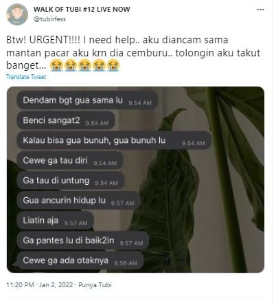 Cuitan seorang perempuan anonim meminta bantuan ketakutan lantaran diancam dibunuh oleh mantannya. (Twitter/tubirfess)