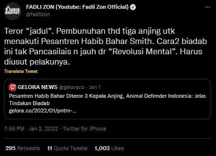 Fadli Zon Kecam Teror Kepala Anjing ke Pesantren Bahar Smith. (Twitter/@fadlizon)