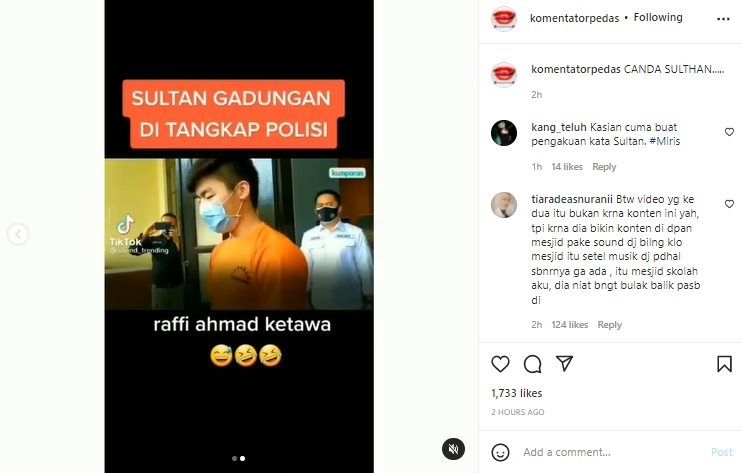Viral gosip sultan melempar uang dari tebing usai ditangkap polisi.  (Instagram/@komentatorpedas)