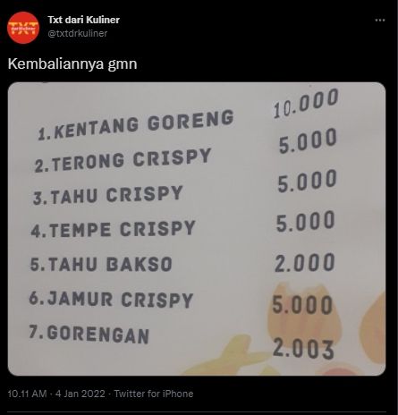 Publik Salfok Lihat Harga Gorengan di Warung Makan: Kembaliannya Gimana? (Twitter/@txtdrkuliner)