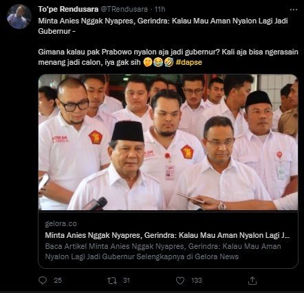 Prabowo Subianto Disarankan Nyalon Gubernur Saja Daripada Nyapres. (Twitter/@TRendusara)