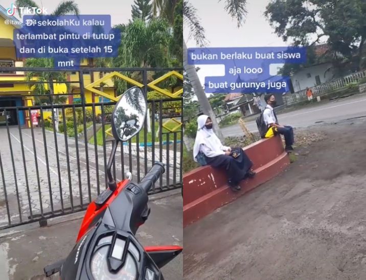 Terlambat masuk sekolah, guru dan murid kena sanksi tak boleh masuk selama 15 menit dan menunggu di depan gerbang. (TikTok/itaw_304)