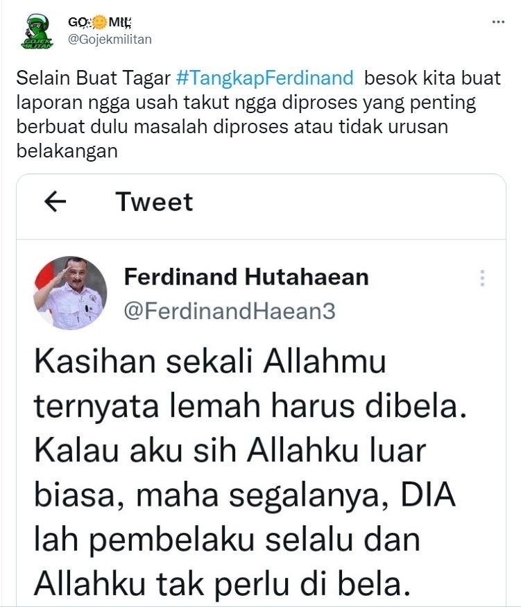 Tagar tangkap Ferdinand, ia disebut menistakan agama. [Twitter]