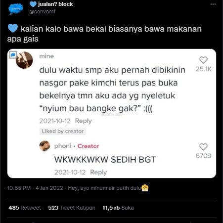 Viral Warganet Curhat Bawa Bekal ke Sekolah, Mendadak Sedih Dengar Teman Bilang Begini. (Twitter/@convomf)