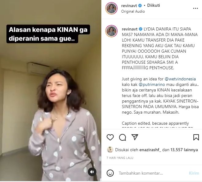 Selebgram Revina VT bikin video parodi series Layangan Putus. [Instagram]