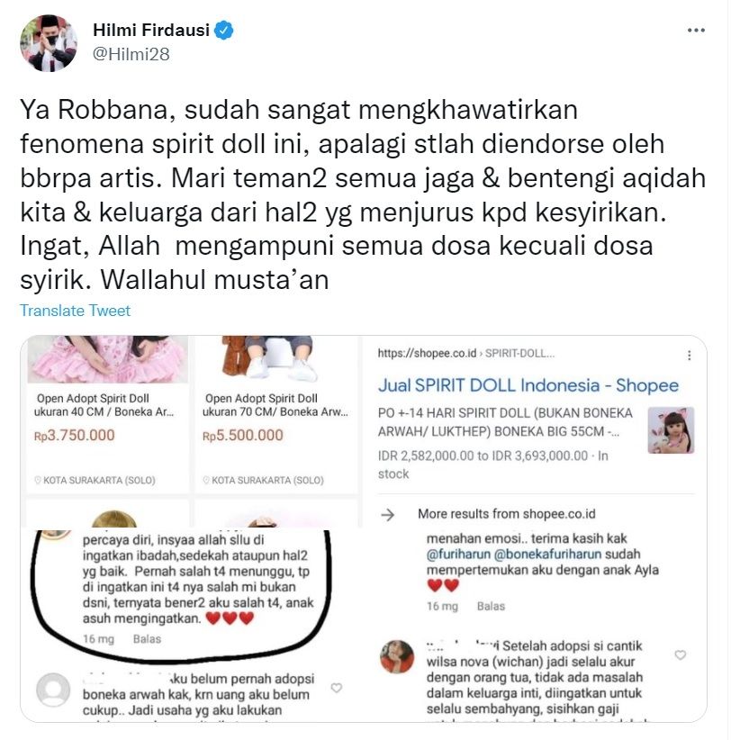 Cuitan Ustaz Hilmi Firdausi tanggapi fenomena spirit doll (Twitter/@Hilmi28)