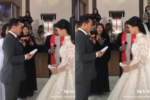 Viral Wanita Muslim Jadi Juru Bahasa Isyarat Pernikahan Pengantin Tuli di Gereja. (TikTok)