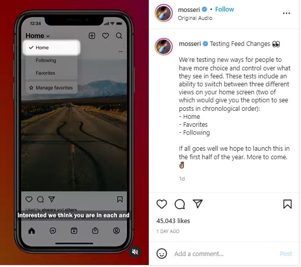 Fitur baru Instagram, pilihan umpan di beranda. [Instagram/@mosseri]