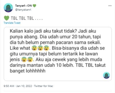 Cuitan perempuan anonim yang takut karena sang kakak laki-laki belum pernah pacaran. (Twitter/tanyakanrl)