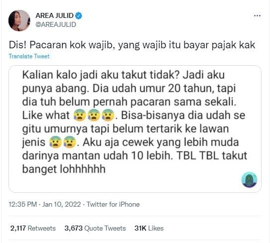 Curhat Wanita Takut Kakak Tak Kunynjung Punya Pacar (twitter.com/AREAJULID)