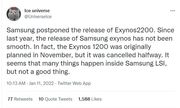 Cuitan soal keterlambatan peluncuran Exynos 2200. [Twitter]