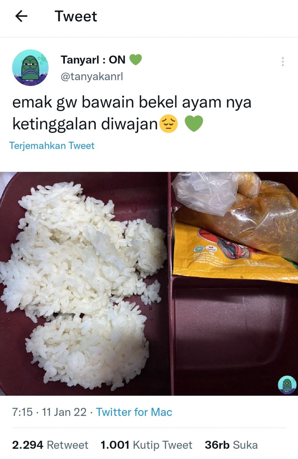 Ibu lupa masukkan lauk ayam ke bekal (twitter @tanyakanrl)