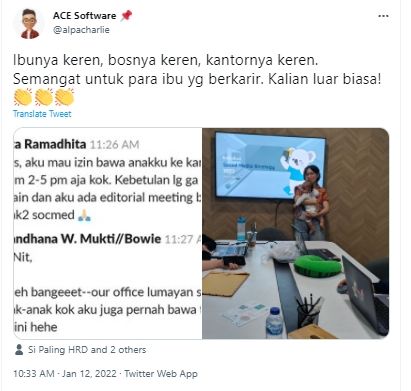 Cuitan warganet beri pujian pegawai meeting bawa anak serta kantor yang ramah perempuan dan anak. (Twitter/alpacharlie)