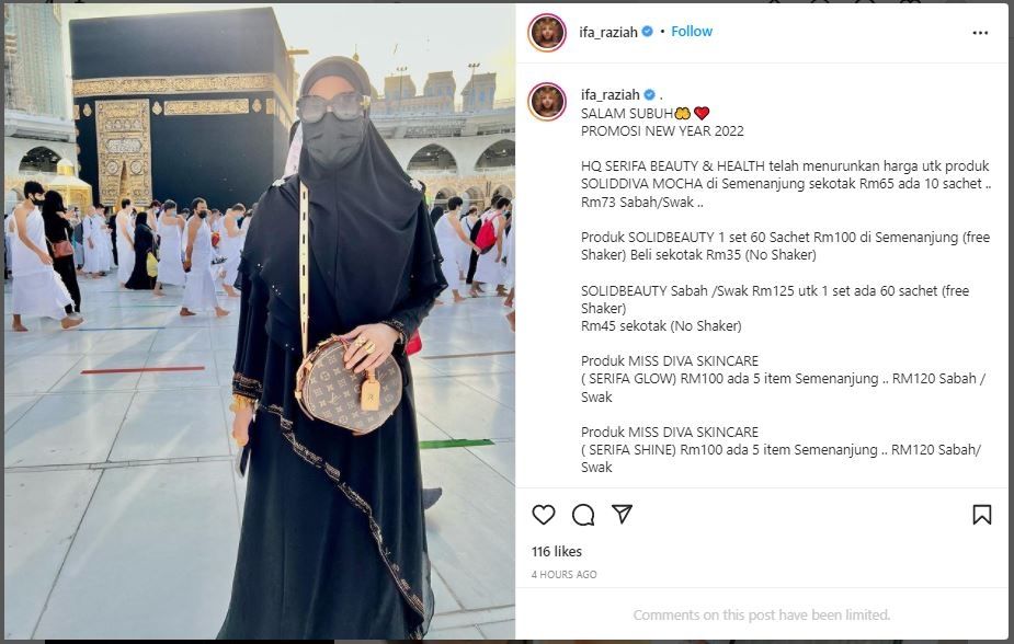 Artis Ifa Raziah yang Dihujat karena Pamer Emas saat Umrah (instagram.com/ifa_raziah)