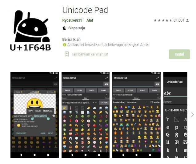 Aplikasi Unicode Pad. [Google Play Store]