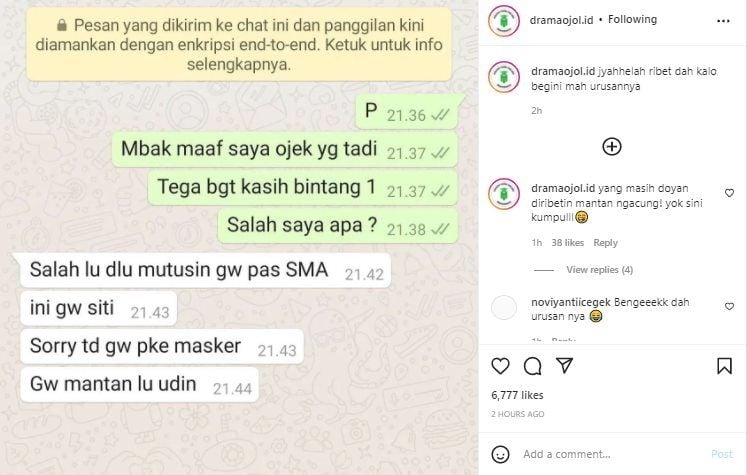 Viral Alasan Menyakitkan Driver Ojol Ini Dapat Bintang 1. (Instagram/@dramaojol.id)