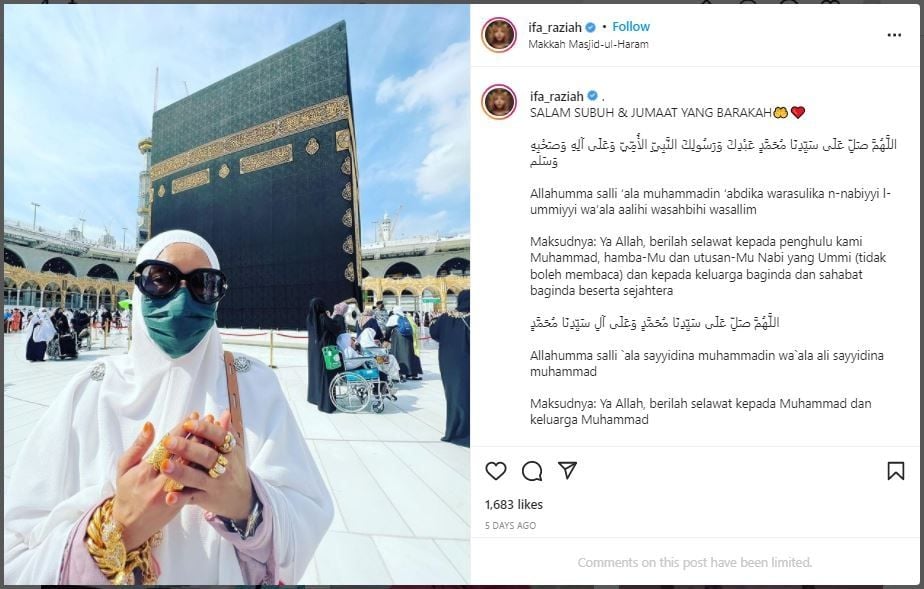 Artis Ifa Raziah yang Dihujat karena Pamer Emas saat Umrah (instagram.com/ifa_raziah)