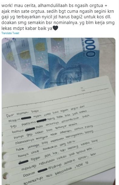 Cuitan curhatan anak beri uang gaji pertama dan berikan surat permintaan maaf ke orang tuanya. (Twitter/workfess)