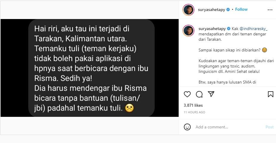 Curhatan tentang Risma (instagram.com/suryasahetapy/)