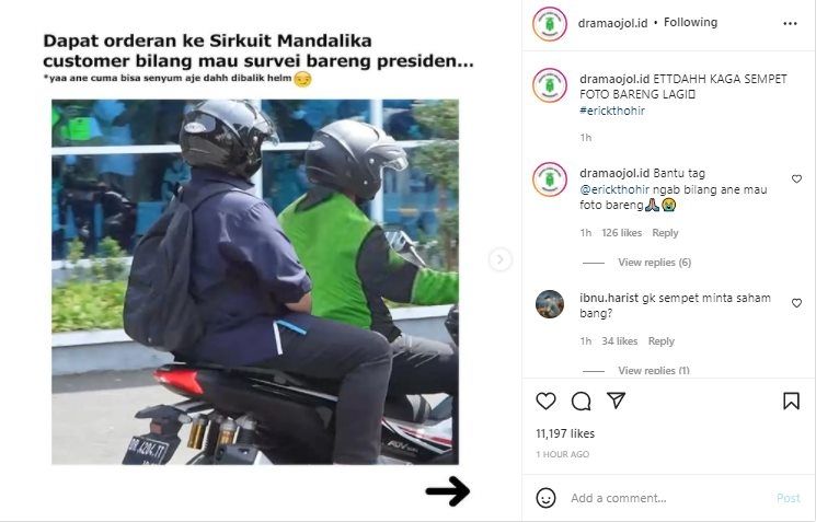 Viral Erick Thohir 'Nyamar' Pas Naik Ojol ke Sirkuit Mandalika. (Instagram/@dramaojol.id)