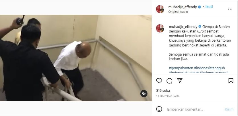 Menteri Koordinator bidang Pembangunan Manusia dan Kebudayaan (Menko PMK) Muhadjir Effendy turut merasakan gempa Banten yang terasa hingga Jakarta, Jumat sore (14/1/2022). [Instagram]