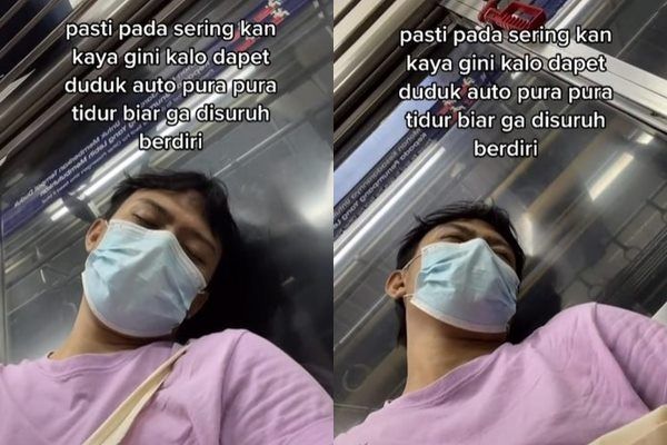 Viral Cowok Bagi Tips Agar Kaum Pria Bisa Tetap Duduk Saat KRL Ramai. (TikTok)