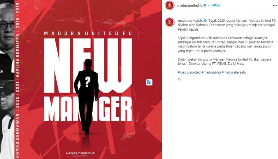 Madura United bikin pengumuman usai ikut diserang atas pernyataan Haruna Soemitro. (Instagram/maduraunited.fc)