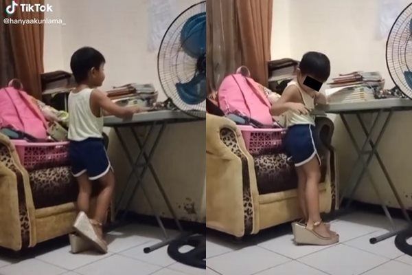 Viral Bocah Lelaki Pakai High Heels Lakukan Aksi Di Luar Nalar yang Bikin Emak Emosi. (TikTok)