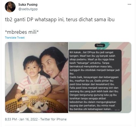 Cuitan sang anak mengaku menangis usai dapat teks panjang dari sang ibu yang berkali-kali minta maaf. (Twitter/sadbutgpp)