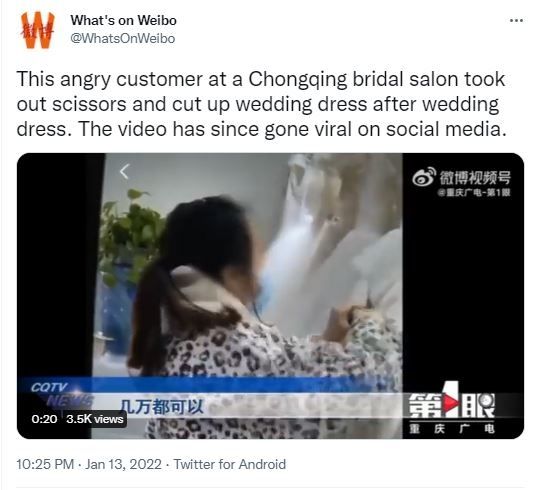 Viral Wanita Mengamuk dan Menggunting Gaun Pengantin karena Batal Menikah (twitter.com/WhatsOnWeibo)