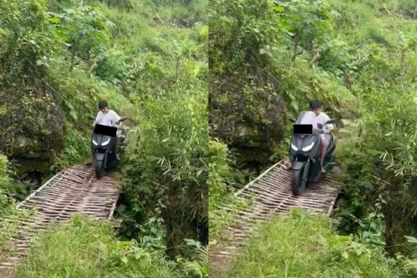 Viral Cowok Nekat Gas Motor Nmax di Jembatan Reyot. (TikTok)