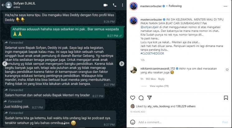 Tangkapan layar percakapan Deddy Corbuzier dengan Sofyan Djalil. [Instagram]