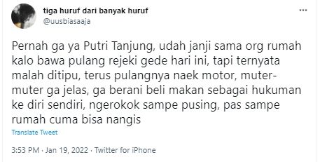 Cuitan komika Uus menebak kebiasaan Putri Tanjung saat bersedih. (Twitter/uusbiasaaja)
