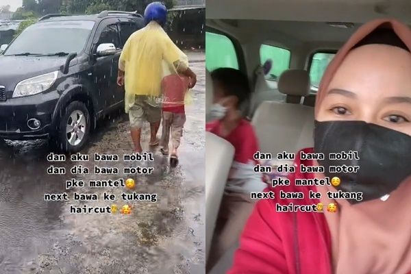 Menyentuh Hati, Suami Rela Tukar Kendaraan agar Istri dan Anak Tak Basah Kehujanan (TikTok)