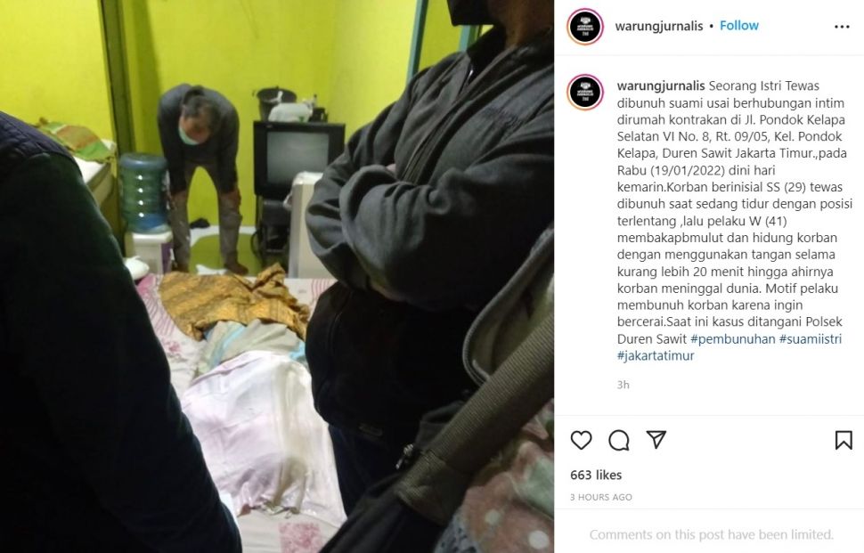 Istri Dibunuh Suami Usai Berhubungan Intim (Instagram/@warungjurnalis)