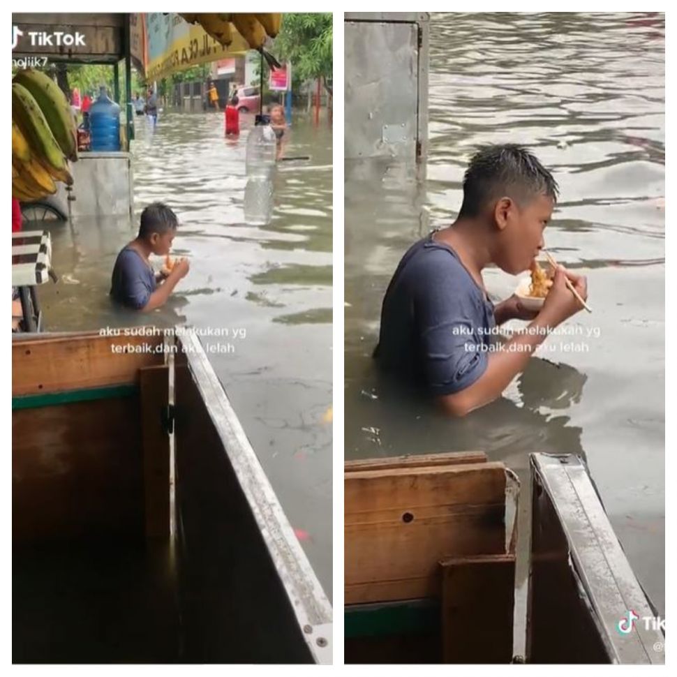 Bocah makan di tengah banjir (TikTok @bitchfcy)