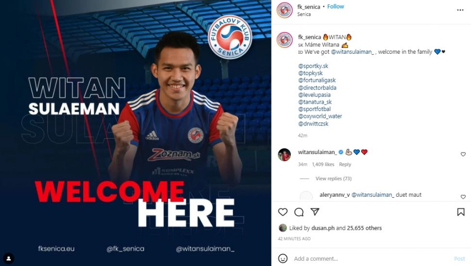 Witan Sulaeman resmi ke FK Senica. (Instagram/fk_senica)