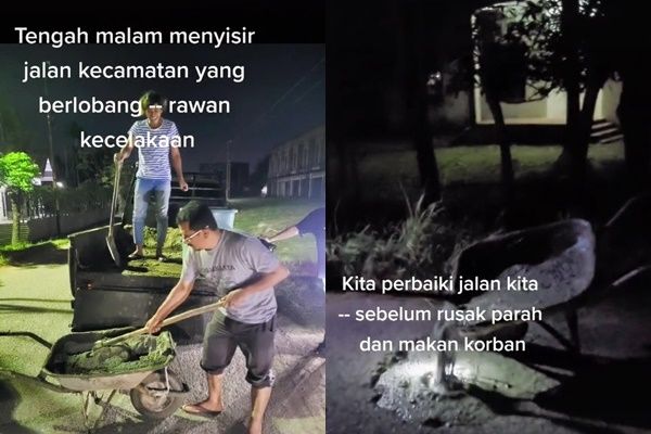 Viral Aksi Warga Gerak Cepat Tambal Jalan Berlubang (TikTok)