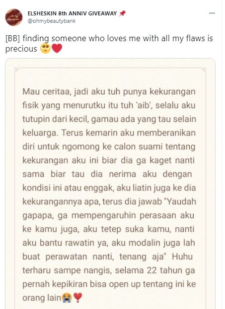 Cuitan curhatan yang dikirimkan seorang perempuan anonim di akun base bikin warganet ikut terharu, senang dan ramai didoakan. (Twitter/ohmybeautybank)