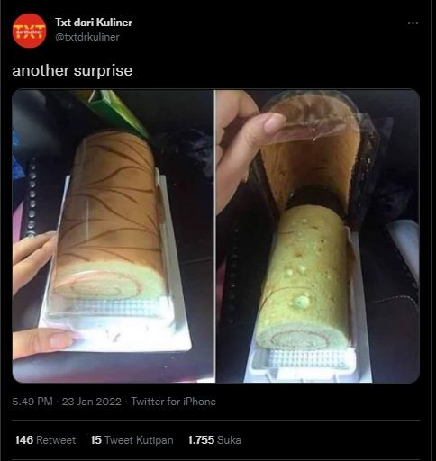 Viral Warganet Beli Bolu Gulung, Pas Dibuka Tutup Plastiknya Malah Berujung Nyesek. (Twitter/@txtdrkuliner)