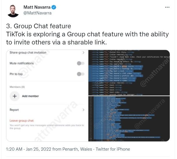 Fitur baru TikTok, undangan tautan yang dapat dibagikan Obrolan Grup. [Twitter]