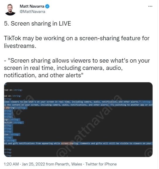 Fitur baru TikTok, berbagi layar dalam streaming langsung. [Twitter]