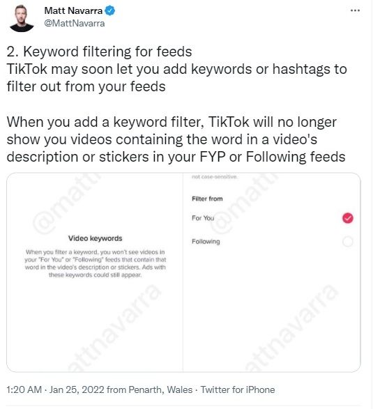 Fitur baru TikTok, pemfilteran kata kunci. [Twitter]