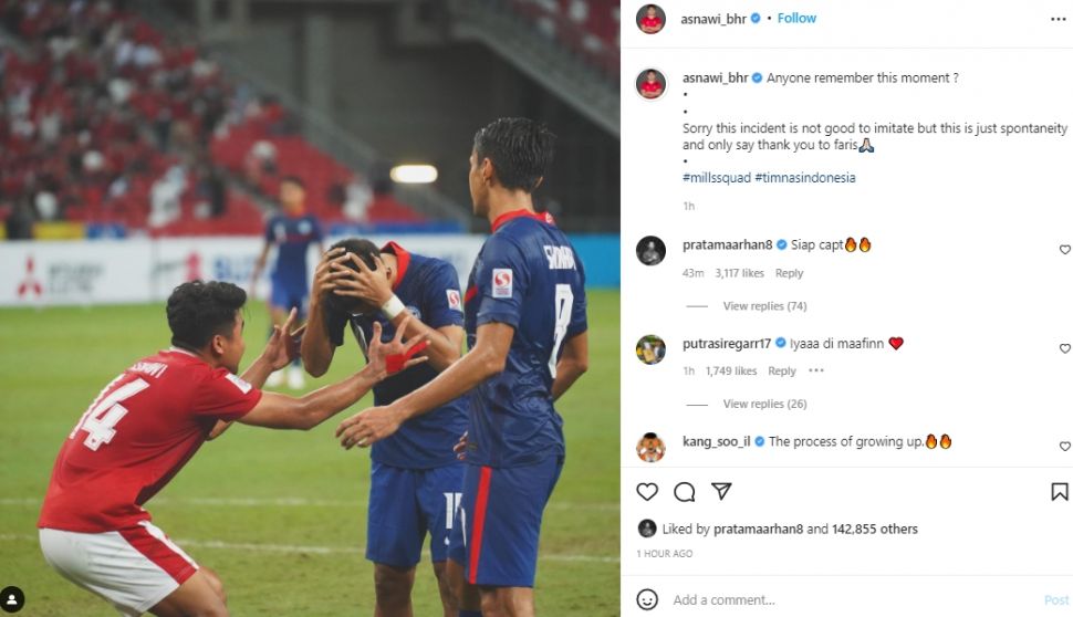 Asnawi Mangkualam klarifikasi soal insiden dengan pemain Singapura di Piala AFF 2020. (Instagram/asnawi_bhr)