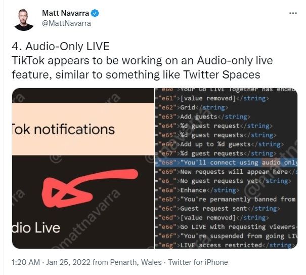 Fitur baru TikTok, streaming langsung audio saja. [Twitter]