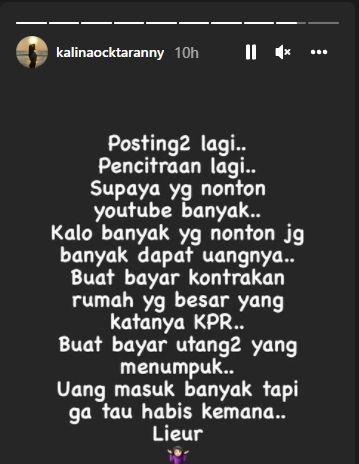 Unggahan Kalina Oktarani sindir yang punya banyak utang [Instagram/@kalinaocktaranny]