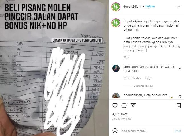 Viral Dokumen Daftar Peserta Vaksin Jadi Bungkus Gorengan. (Instagram/@depok24jam)