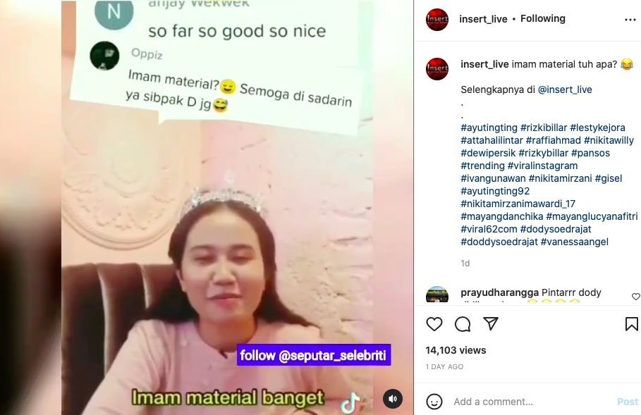 Mayang soal Imam Material [instagram]