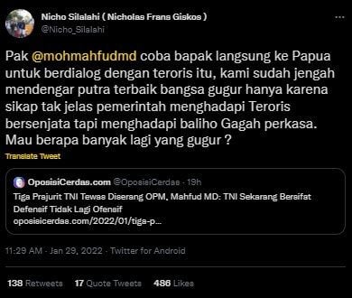 Nicho Silalahi Tantang Mahfud MD Temui Teroris Papua Secara Langsung. (Twitter/@Nicho_Silalahi)