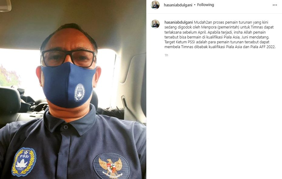 Exco PSSI, Hasani Abdulgani berharap proses naturalisasi pemain keturunan bisa rampung sebelum April. (Instagram/hasaniabdulgani)